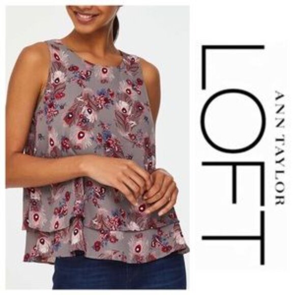Loft Outlet Sleeveless Tiered Top Women’s Size S Gray Peacock Feather Floral NWT - Picture 1 of 11